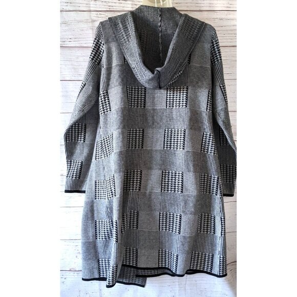 Belldini Women Houngstooth Cardigan Coat Open Front Above Knee Hooded Knit SizeL - Picture 2 of 14